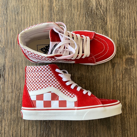 Vans Shoes - Vans Sk8-Hi two sized checkered. Red and white. Women’s 6. EUC w/original box